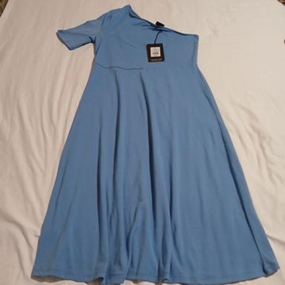 NWT Who What Wear Med Blue Dress One Shoulder Stretch Cotton Blend Midi 3/4 Slv